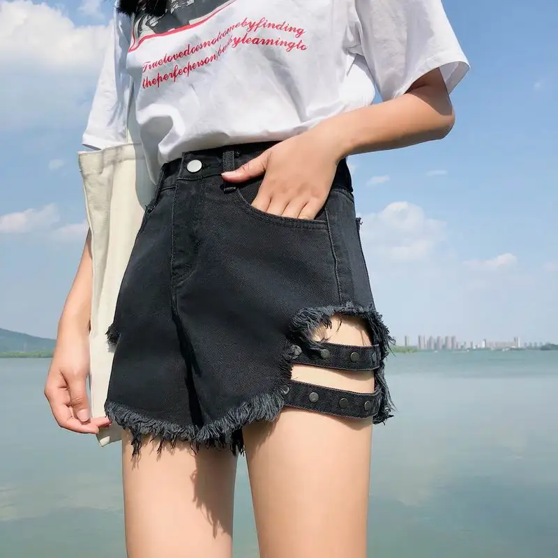 High Cut Sexy Short Jeans Women Black Blue Harajuku Fashion Buckle High Waist Denim Shorts Wide Leg Casual Streetwear Female
