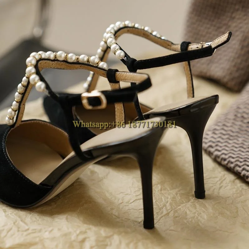 

Женские туфли на шпильке 9 см с Т-образной пряжкой и жемчугом, новинка 2022, черные вечерние женские туфли на высоком каблуке с острым носком