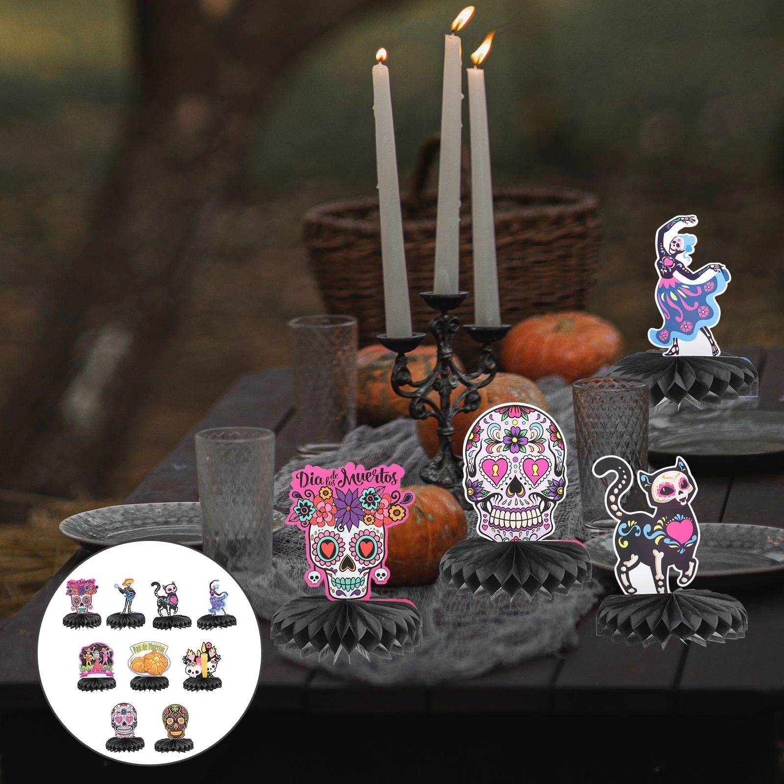 

9 Pcs Day The Dead Ornaments Festival Supply Floral Cake Topper Set Honeycomb Decor 350g Coated Paper Craft Mexican Home
