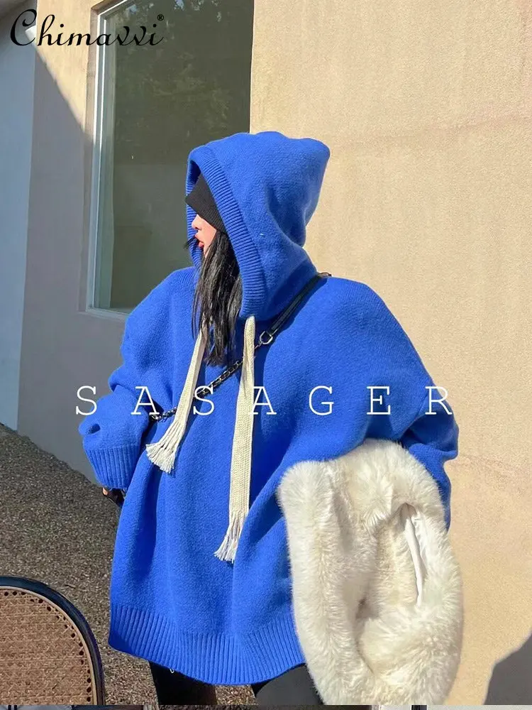 

Female Retro Elegant Hooded Pullover Sweater Women's 2022 Winter New Fashion Loose Lazy Style Versatile Solid Color Knitted Top