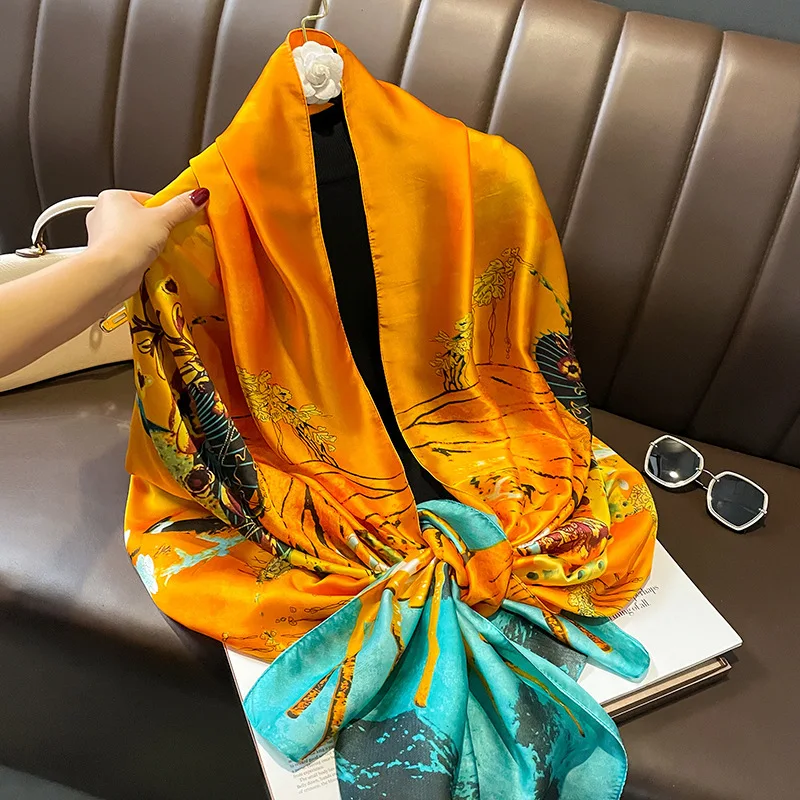 

180*90cm Luxury Brand Women Summer Silk Scarves Shawl Lady Wrap Soft Female Europe Designer Beach Bandanna foulard muffler pareo