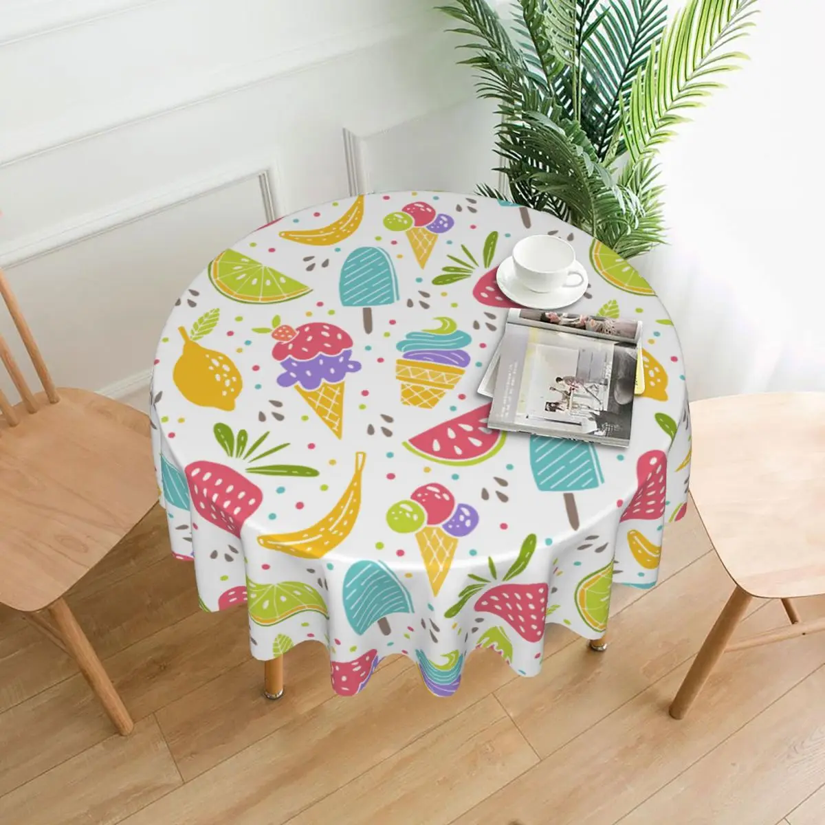 Summer Sweet Desserts Ice Cream And Fruit Round Table Cloth Polyester Kitchen Tablecloth Decorative Elegant Fabric Table Cover