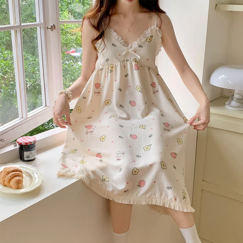 

2023 Summer 100% Cotton Print Sexy Spaghetti Strap Lingerie Nightgowns for Women Korean Sleepwear Nightdress Night Dress Nighty