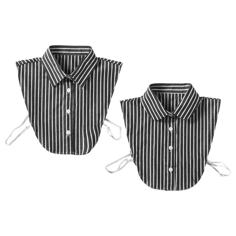 

Women Vertical Stripe Print False Collar Detachable Dickey Blouse Lady Work Button Layering Adjustable Lapel Half Shirt
