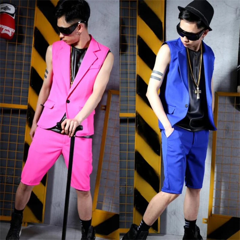 

men vest set red blue clothing personality slim male sleeveless vests men punk rock singer dance stage star fashion