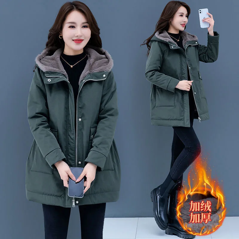 

Осень-зима 2022, новое флисовое пальто, женское хлопковое пальто средней длины в Корейском стиле с капюшоном, подходящая ко всему утепленная п...