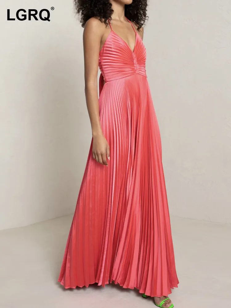 

LGRQ 2023 Summer New Backless Long Dress For Women V Neck Sleeveless High Waist Spliced Pleasted Solid Dresses Female 19J4046