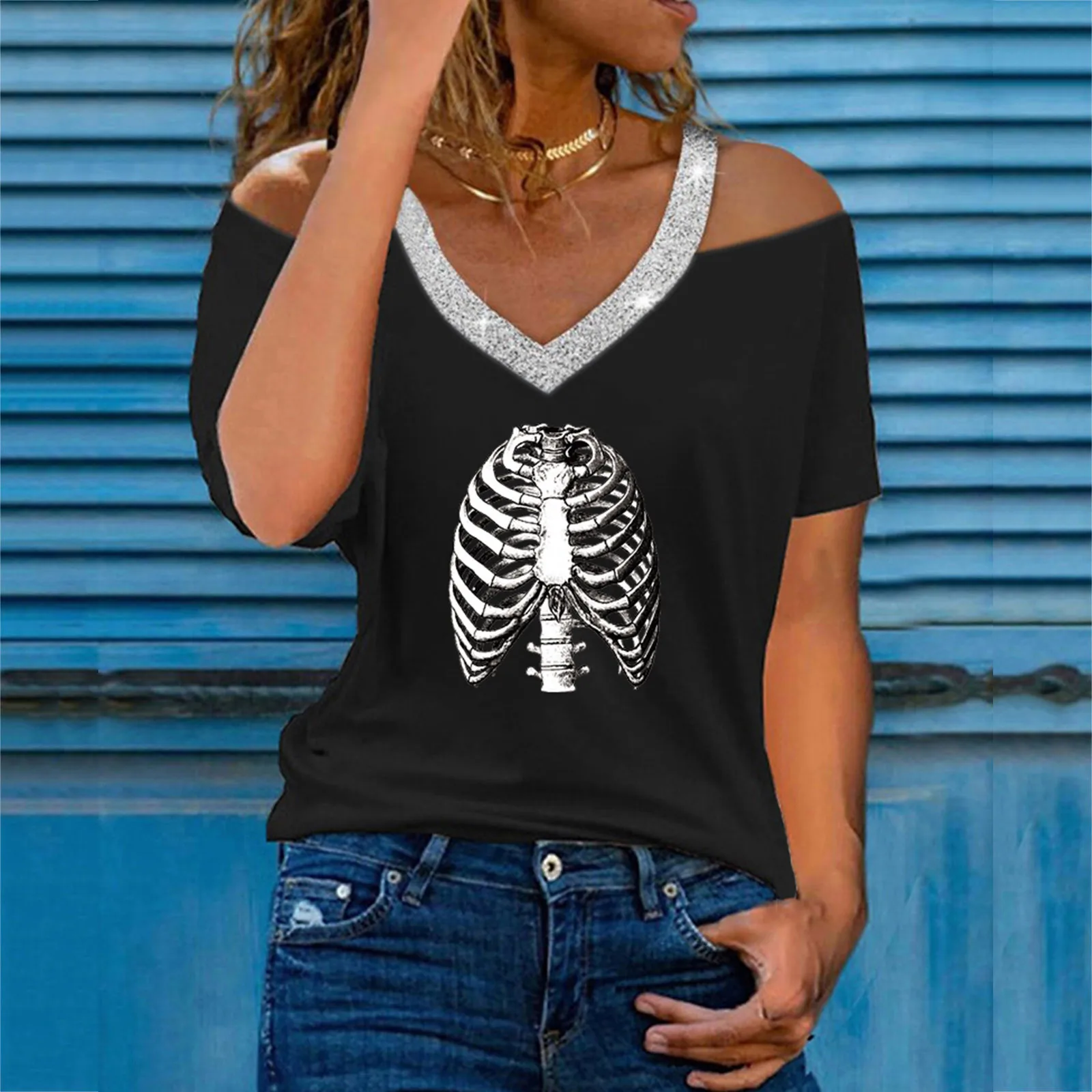 

Женская летняя футболка с V-образным вырезом, открытыми плечами и принтом, топ с коротким рукавом, блузка, женская одежда для активного отдых...