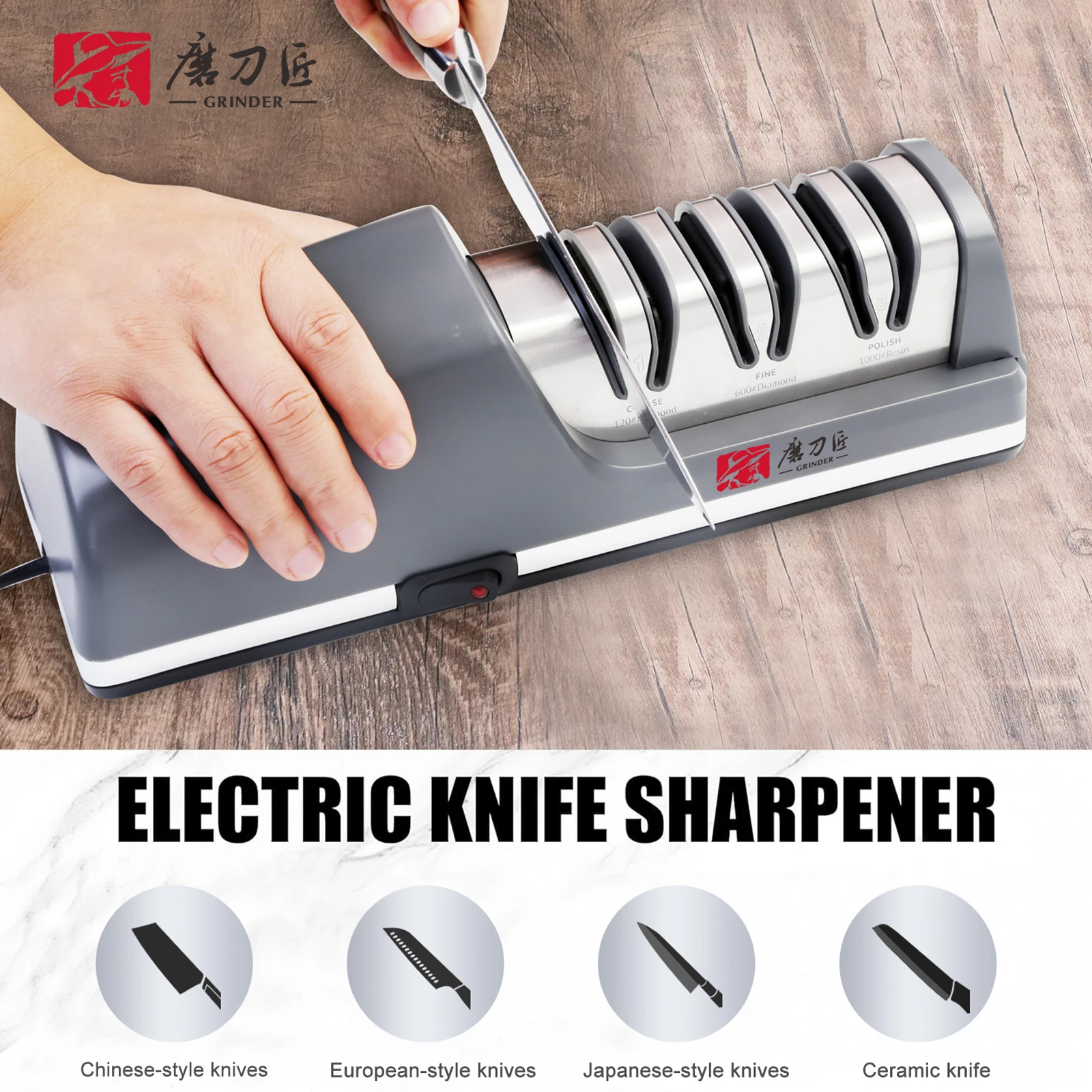 

Электрическая точилка для ножей, трехскоростная заточка, 100% сменные алмазные точильные головки, подходящие для всех кухонных ножей