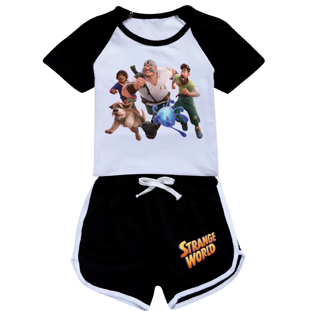 Disney Strange World Clothes Kids Summer Clothing Sets Toddler Girl Short Sleeves Cartoon Tshirt+shorts 2Pcs Set Boys Sportswear