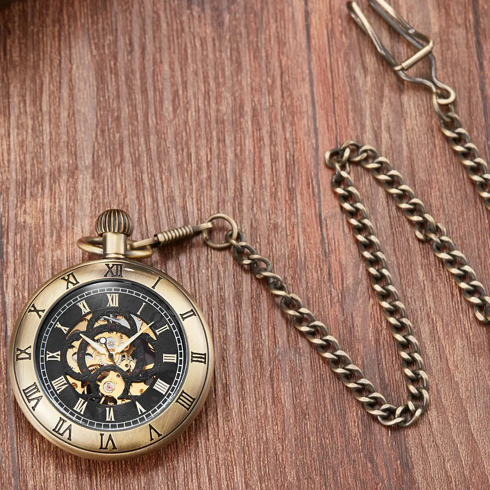 Retro Bronze Mechanical Pocket Watch Roman Numerals Dial Skeleton Unique Design Luxury Mens Mechanical Pocket Watches With Chain