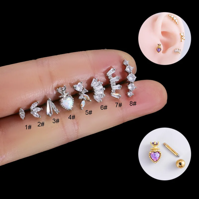 

1PC 16g Flower Heart Zirconia Stud Earrings for Women Girls Punk Stainless Steel Cartilage Helix Ear Piercing
