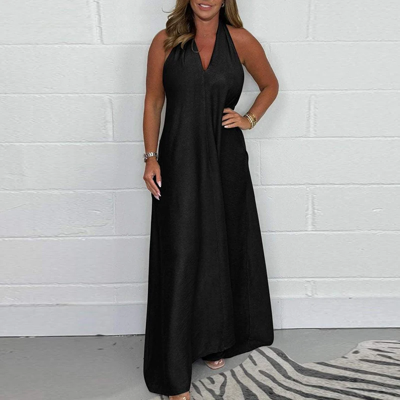 Элегантное длинное платье с v-образным вырезом и высокой талией 2024 женское
