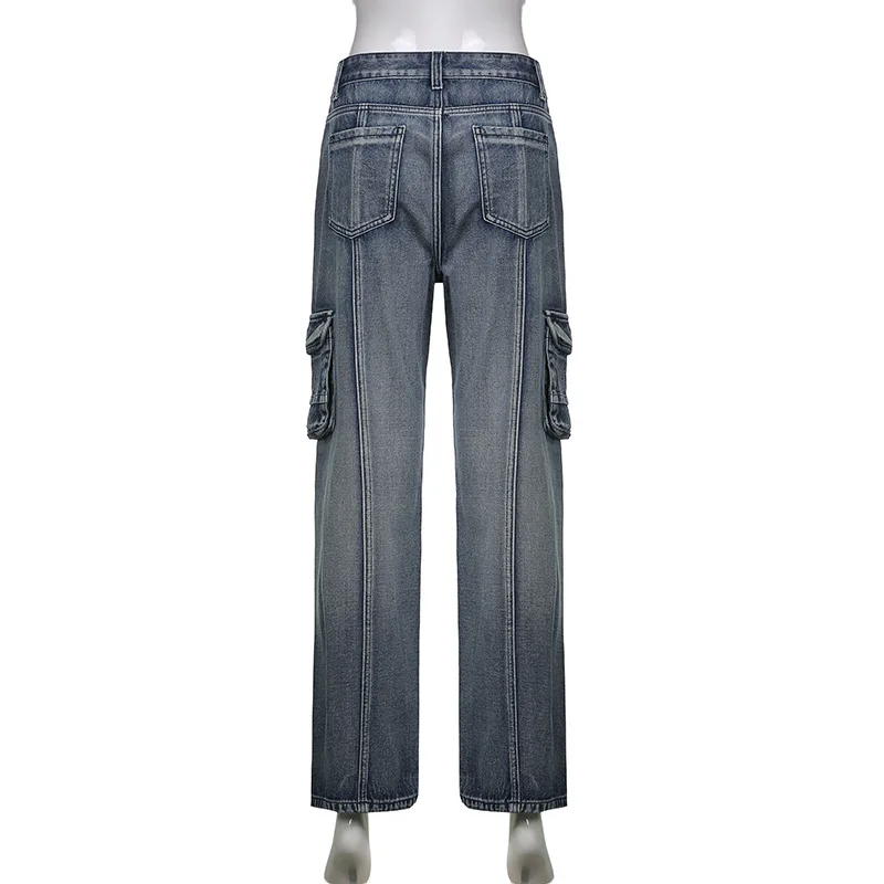 Vintage Jeans Woman Low Waisted Pockets Trousers Baggy Casual  women Denim Cargo Pants Women Straight Hot Korean Jeans 90s