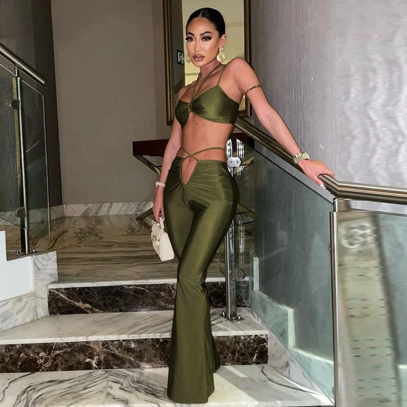 

Nidanssi 2022 Summer Green Wide Leg Pants Fashion Women Set Sexy Lace Up Navel Vest Two Pieces Set Night Club 2 Piece Set Women