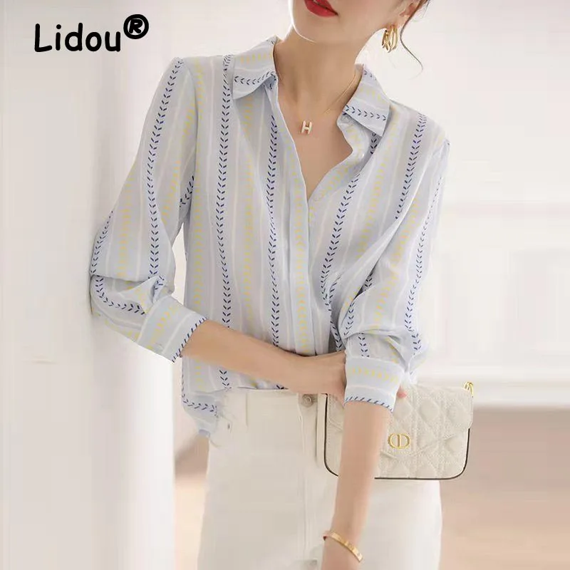

Korean Fashion Stripe Print Ladies Shirts Women's Chiffon Blouses 2022 Spring Autumn Long Sleeve Lapel Tops Blusas Mujer Female