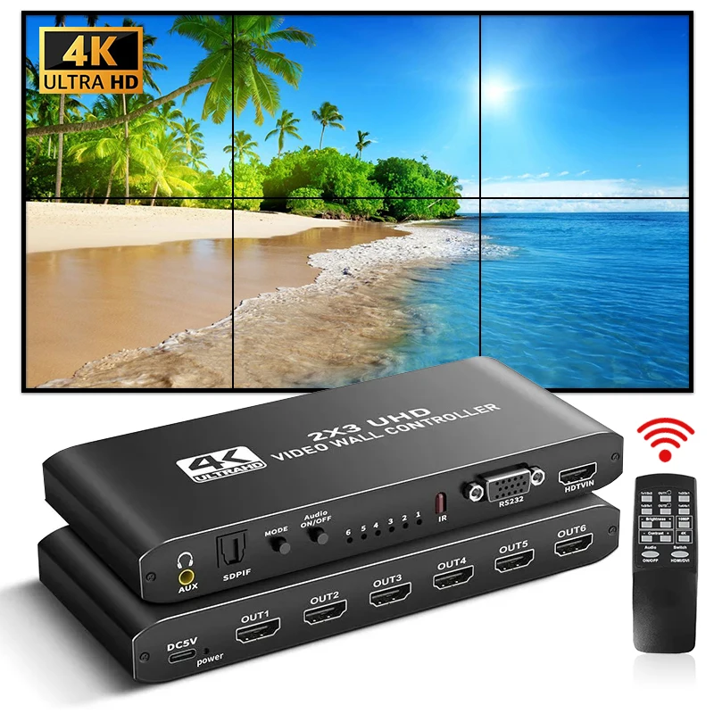 Фото Контроллер видеостены HDMI 2x3, процессор для сшивания видеоэкранов 4K HDMI, поддержка 2x3, 1x2, 1x4, 1x3, 2x1, 3x1, 4x1, 6-канальный видеопроцессор для телевизионных дисплеев №1