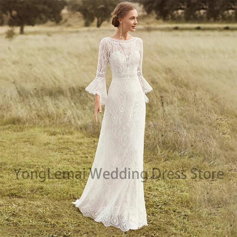 

Женское платье невесты с открытой спиной, свадебное платье с длинным рукавом