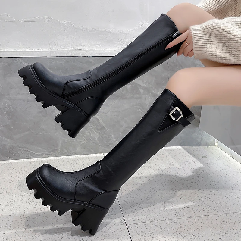 

Side Zipper Breathable Mesh Inner Super High Round Muffin Heel Knee High Boots Square Toe Platform Metal Buckle Women's Boots