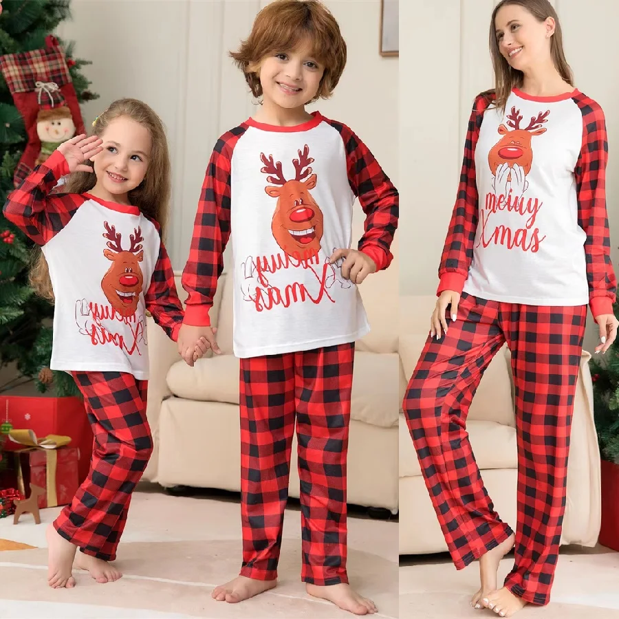 

Plaid Christmas Family Matching Pajamas Set Mommy and Me Xmas Pj's Clothes Happy Deer Father Mother & Kids Sleepwear Tops+Pants