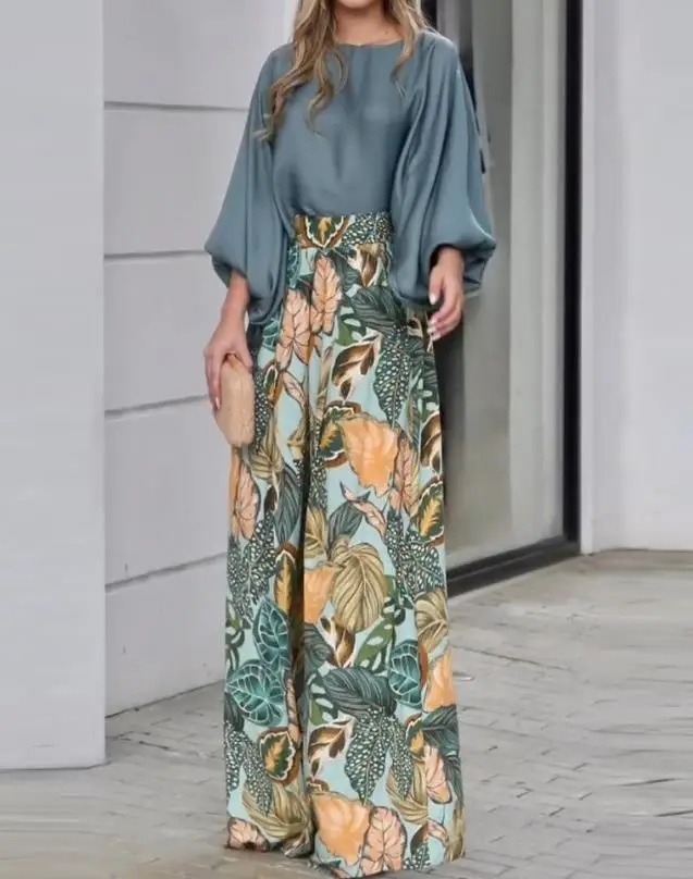 

Two Piece Set Women Outfit 2023 Fashion Vacation Long Sleeve Lantern Sleeve Top & Casual Tropical Print High Waist Pants Set