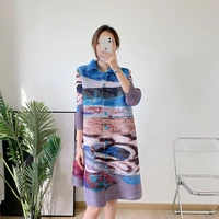 changpleat spring 2022 womens vintage print coat miyak folds fashion loose plus size casual long party dress