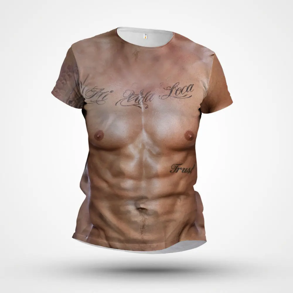 

For Man 3D T-Shirt Bodybuilding Simulated Muscle Tattoo Tshirt Casual Nude Skin Chest Muscle Tee Shirt Funny Short-Sleeve O-neck