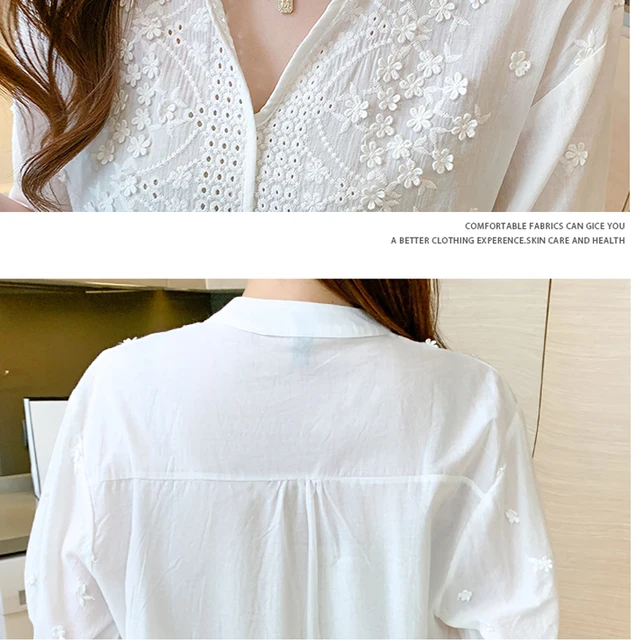 Blusa de manga curta feminina com decote em v roupas femininas moda verão topos 2022 bordado algodão branco camisas blusas 14204 6