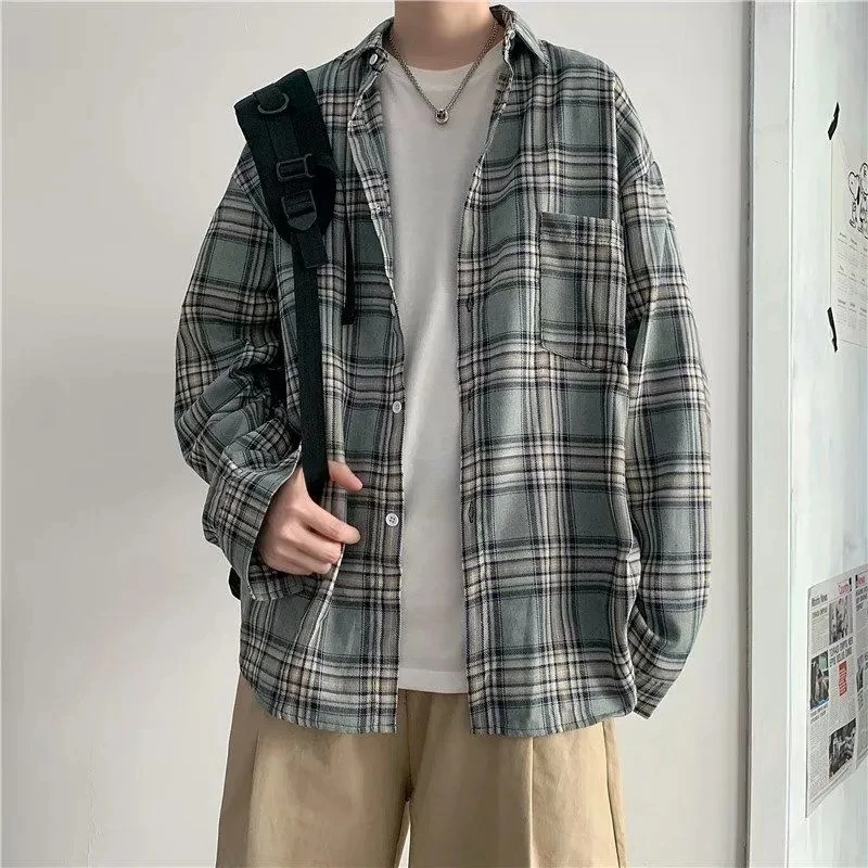 Summer Autumn Versatile Men's Cool Casual Loose Tess Button T-Shirt Soft Long Sleeve College Style Plaid Student Sport