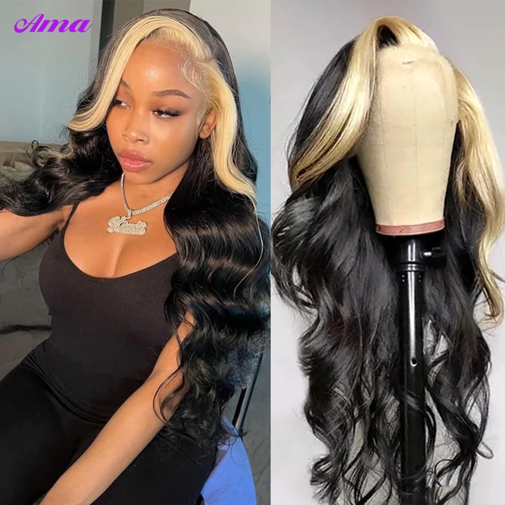 1B/613 Highlight Blonde Skunk Stripe Human Hair Wig 13x4 Lace Front Wig  Side Part Colored Lace Front Human Hair Wigs For Women