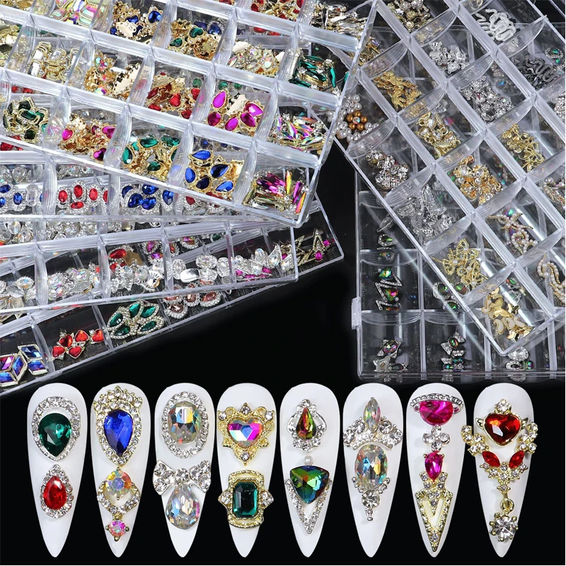 

24Grids Nail Art Rhinestones Crystal Glass Spark Gems Stones 3D Alloy Nail Decoration Mixed Charms Nail Diamonds DIY Accessories