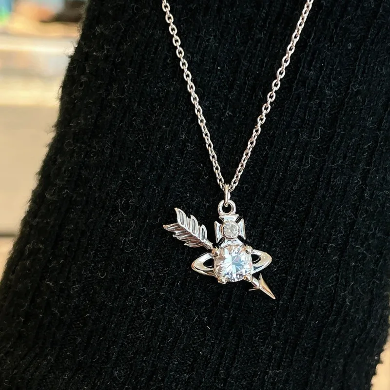

Rhinestone Gold Cross Saturn Pendant Necklace Female An Arrow Pierces The Heart Chain Wedding Nana Jewelry Valentine'S Day Gift
