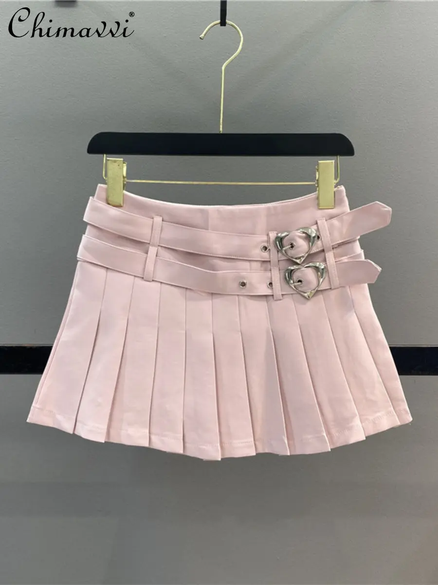 

Pink Hot Girl Pleated Skirt Women 2023 Summer New Fashion Double Belt Slimming A- Line Anti-Exposure Suit Skirt Elegant Skirts
