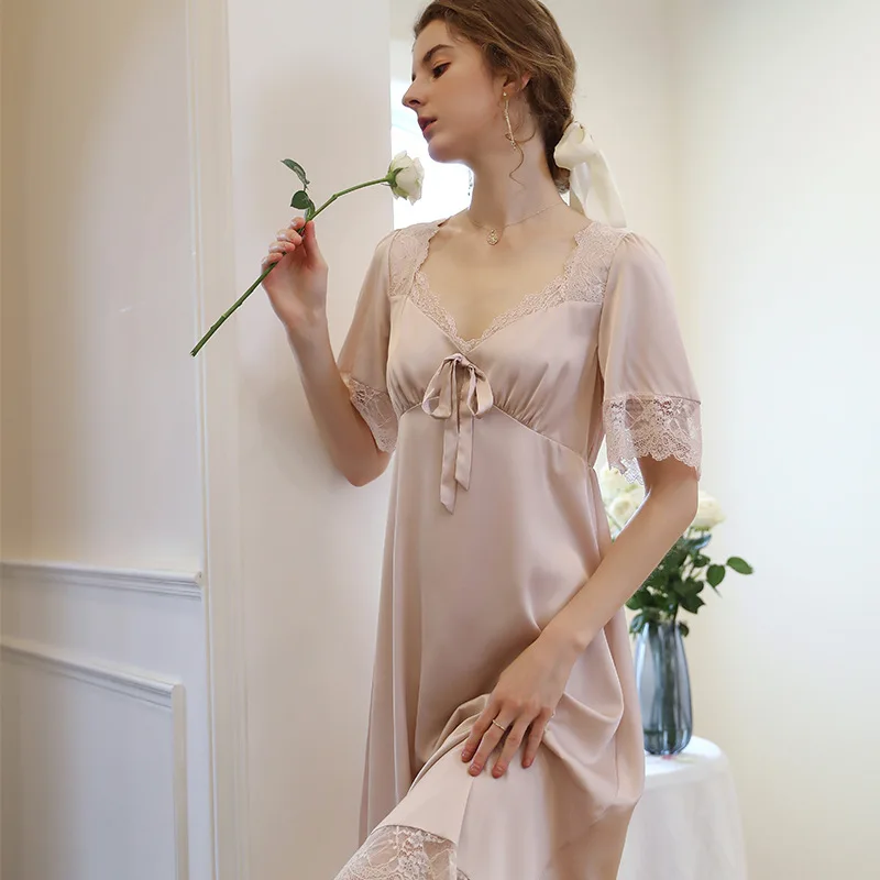 

Romantic Nightgown Women Satin Nightie Sexy Lace Short Sleeve Ice Silk Peignoir Vintage Victorian Night Dress Princess Sleepwear