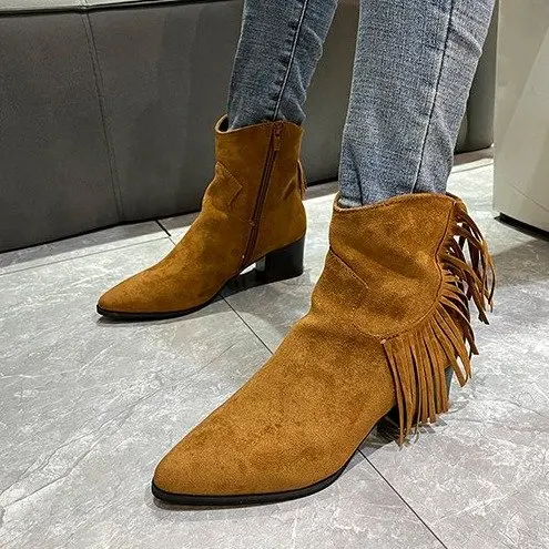 Chelsea Boots Ankle Fringe Chunky Heels Western Cowboy Style Shoes Short Elegant Woman Heeled Gothic Plus Size Women's Clothing