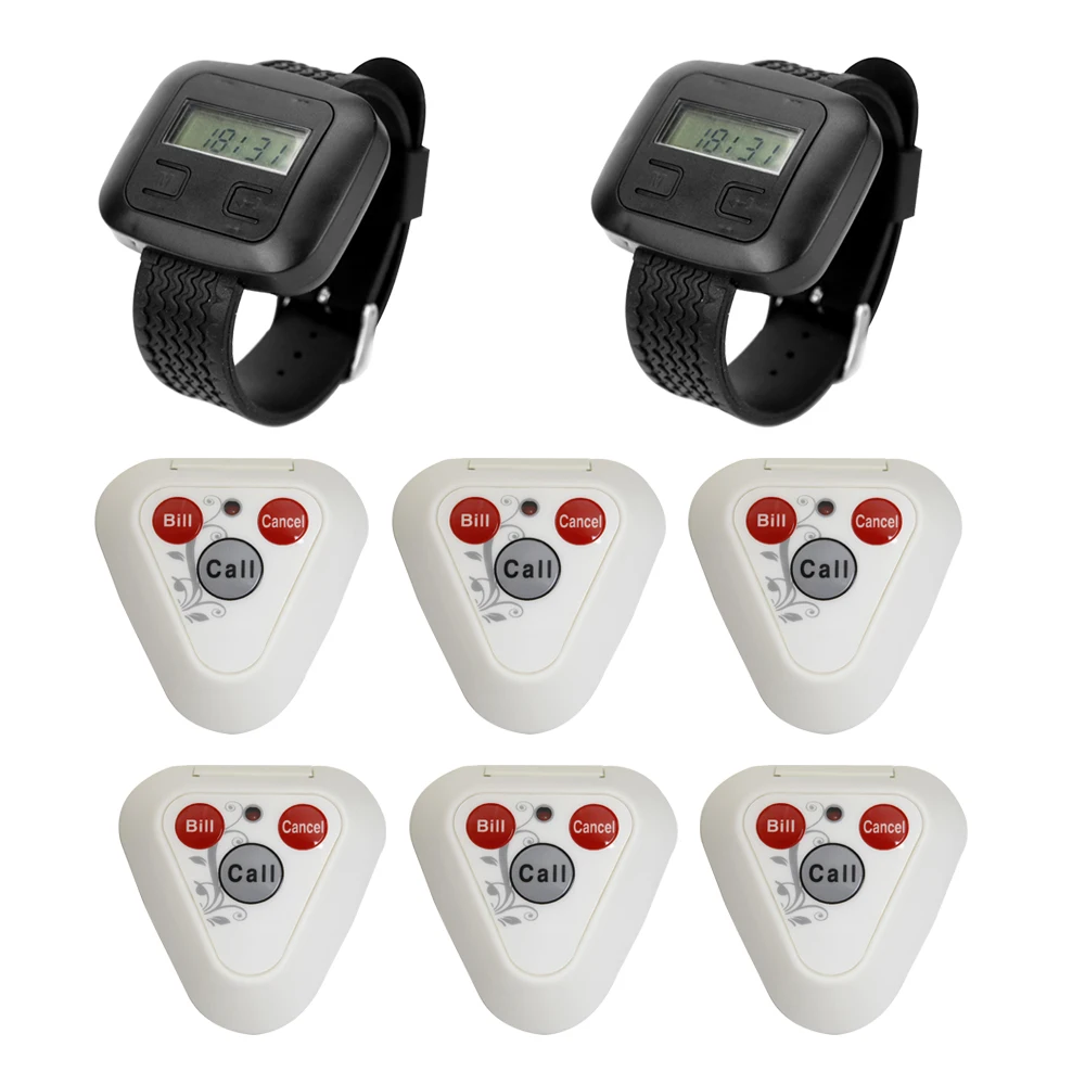 Wireless Paging System for Restaurant Coffee Shop 2 Wrist Watch Receiver +6 White Triangle 1,2,3 keys Call Buttons