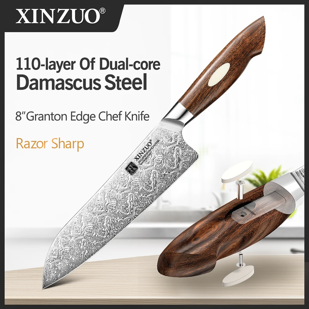 XINZUO 7 8-дюймовый нож для шеф-повара Granton Edge 110-слойный двухъядерный дамасский