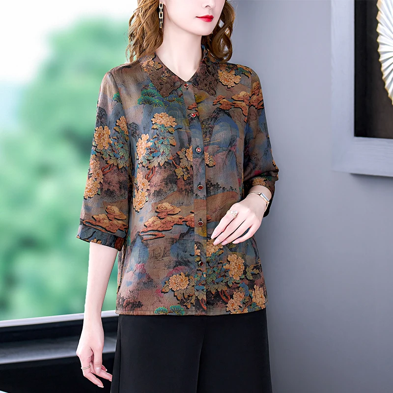 

COIGARSAM Shirt Womens Tops Spring Print Silk Square Collar Red Blue Women Shirts Dropshipping