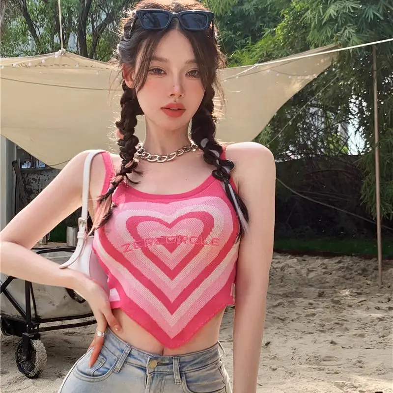 

Women Sexy Knitted Camisole Fashion Love Heart Printed Slim Fit Tank Tops Sweet Triangle Striped Vest