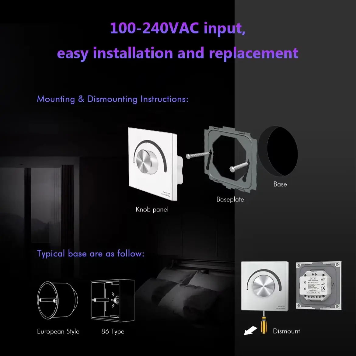 Фото Контроллер DMX512 2.4G RF AC с сенсорной панелью из стекла, 4 зоны диммирования, вход 5AC110-240V, T11(IT), T12 CCT / T13 RGB / T14 RGBW №3