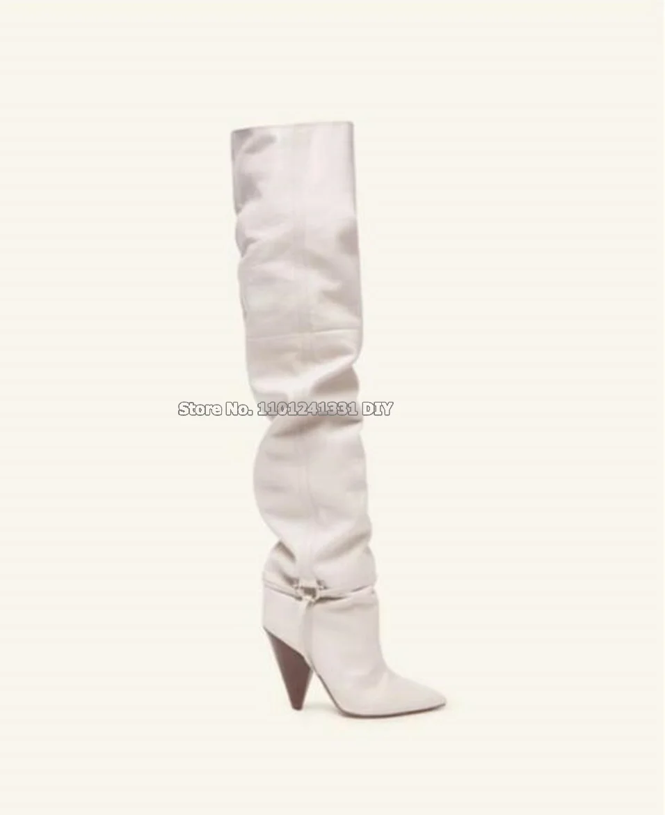 Beige Pointed Toe Spike Heeled Over The Knee Thigh High Boots Women Pleated Winter Long Boots