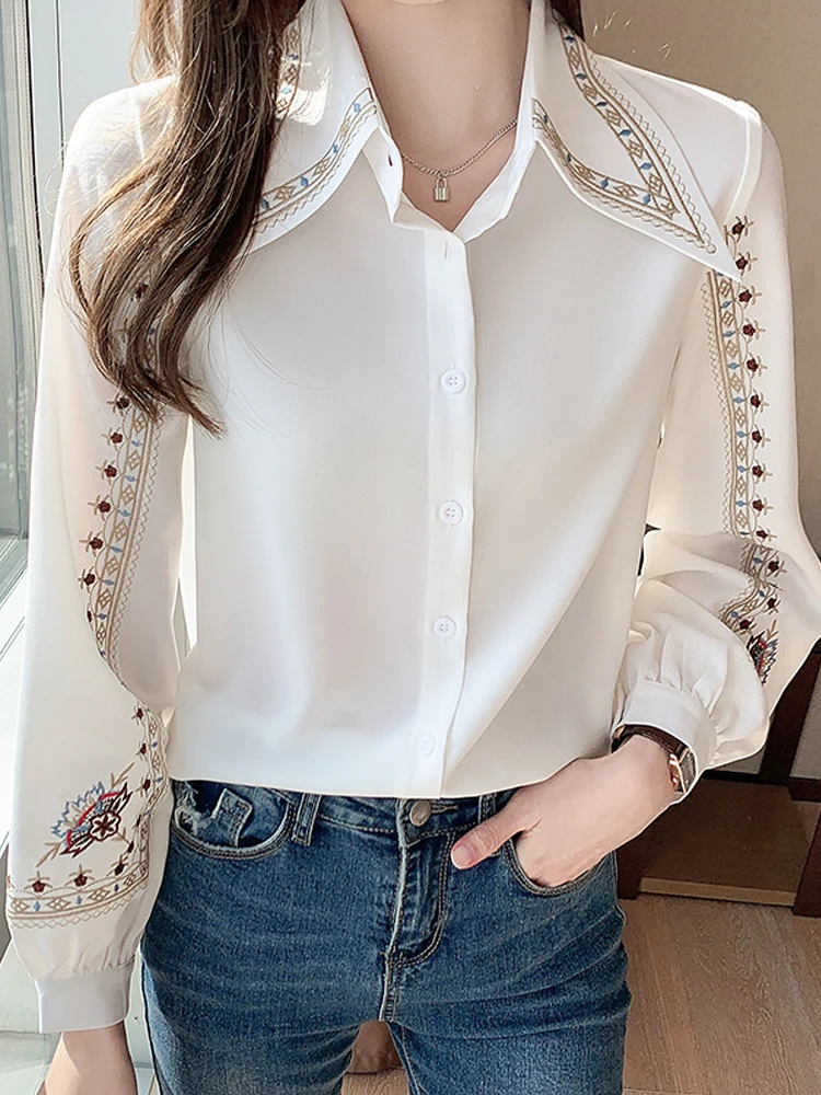 

Embroidered Women Shirt High Quality Female Elegant Blouses Ladies Work Wear Shirts White Beige Floral Clothings Chiffon Tops