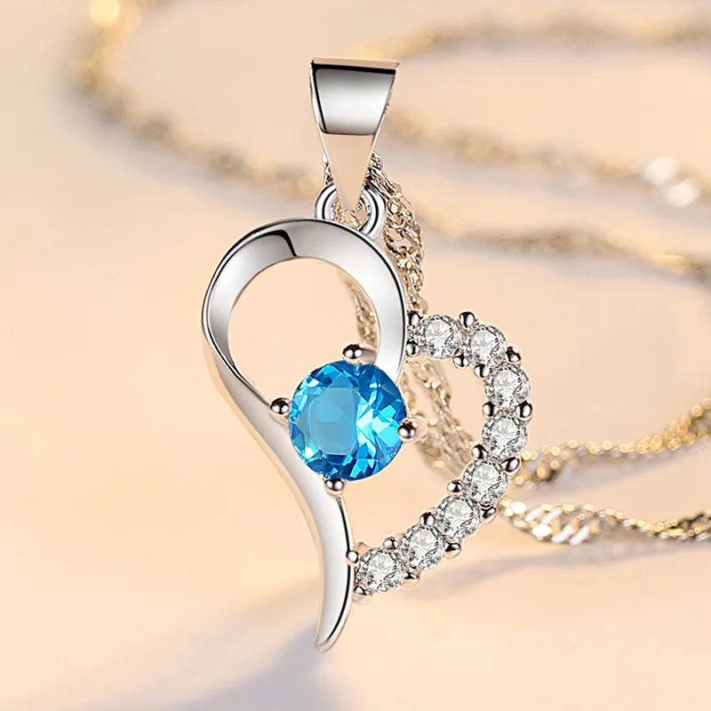 

Classic Blue Crystal Heart Pendant Necklace for Women Simple Clavicle Silver Necklace Anniversary Gift Charm Jewelry