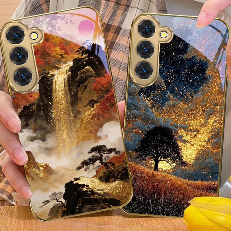Чехол для телефона Samsung Galaxy S26 S20 FE S21Plus S22 23 Plus S24 Ultra S25 S21+ S9+ 22Plus из золотого стекла с дизайном «Море и небо на закате» (art.: 3920d9c104f42) - 3920d9c104f42