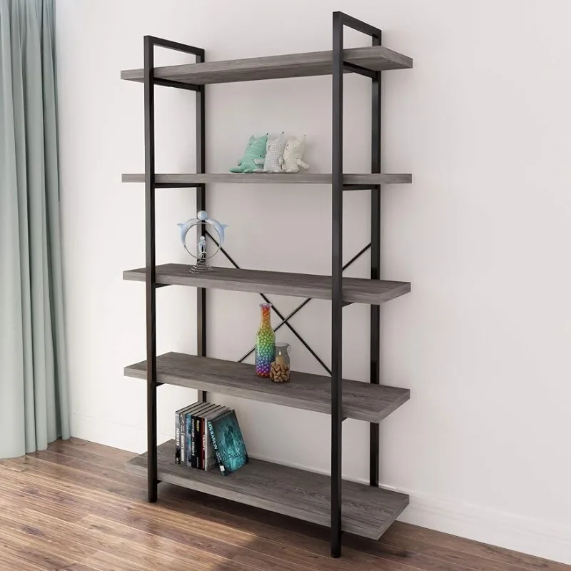 

45MinST 5-Tier Vintage Industrial Style Bookcase/Metal and Wood Bookshelf Furniture for Collection, Gray Oak,3/4/5 Tier (5-Tier)