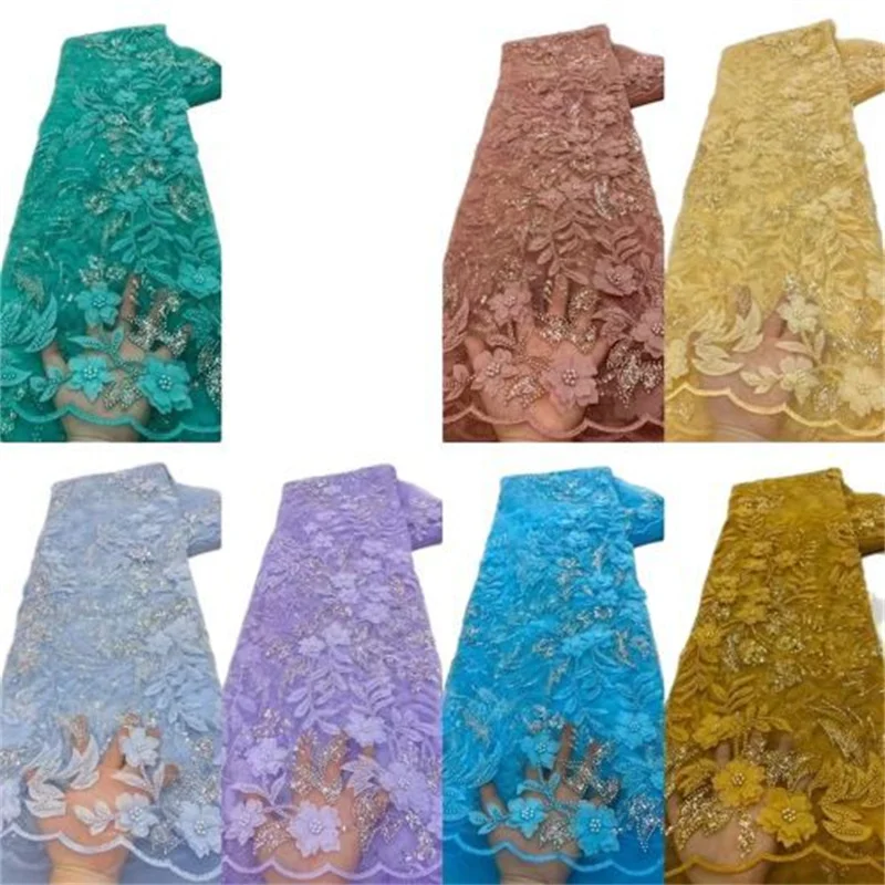 

Hot Sale Sequin Lace Fabrics African Beads Lace Fabric High Quality Nigeria French Tulle Mesh Lace Fabric for Bridal 3D Flower