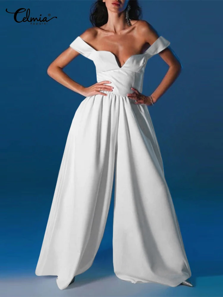 

Celmia Sleeveless V Neck Long Ropmers Fashion 2022 Summer Waisted Pocket Party Overalls Wide Leg Pant Women Elegant Jumpsuits