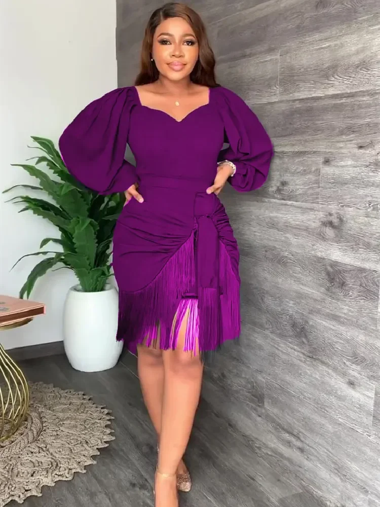 

Autumn Summer Slim Tassel Mini Dress Women Fashion Elegant Solid Long sleeve Tassel Evening Dress Women Vestidos