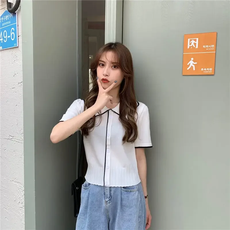 Женские футболки с воротником Питер Пэн трикотажная одежда коротким рукавом