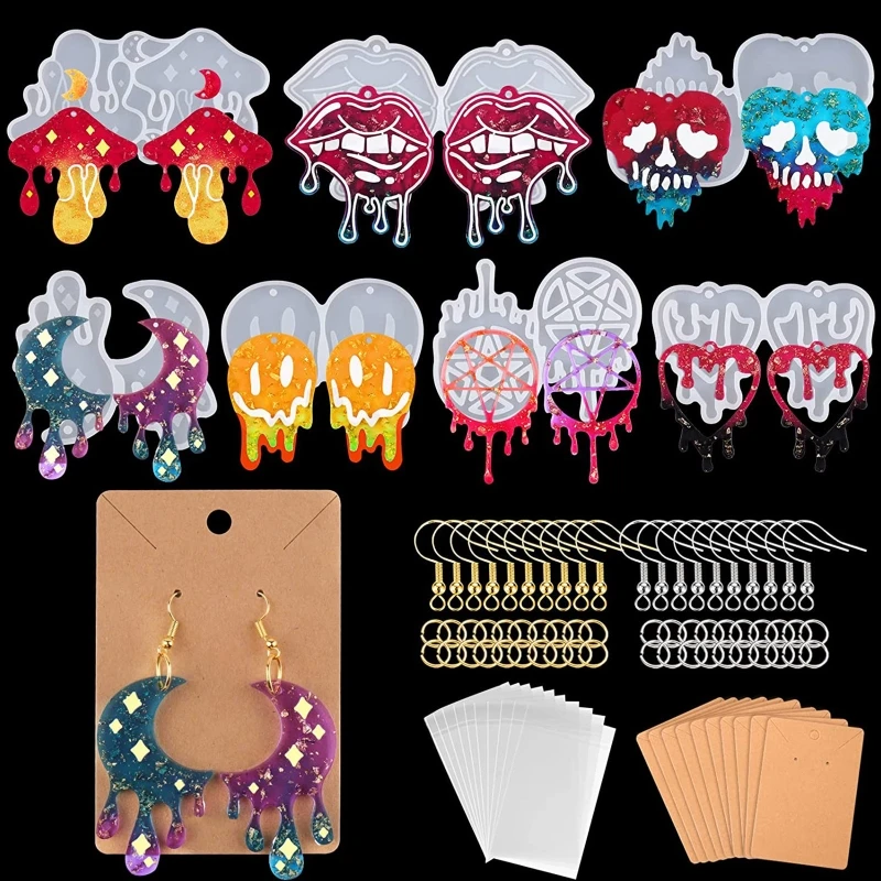 

117Pcs halloween earrings Jewelry Molds Dripping Blood Resin Earring Silicone Molds with Earring Hook Back Jump Ring Pendant